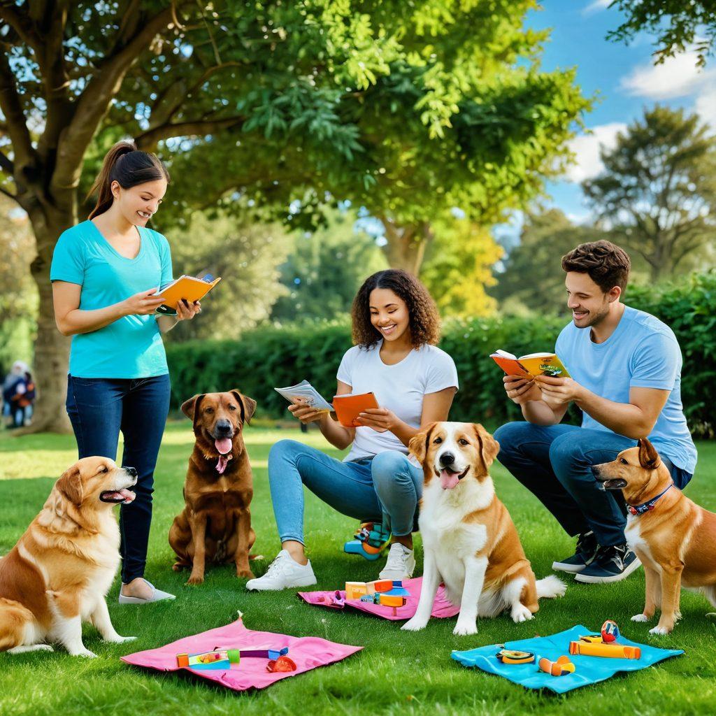 A warm and inviting scene depicting a diverse group of dog owners in a park, engaging with their well-trained dogs of various breeds. One owner is showing tricks to a playful puppy, while another reads a training manual, surrounded by colorful dog toys and treats. The background features lush greenery and a vibrant sky, symbolizing community and connection. super-realistic. vibrant colors. cheerful atmosphere.