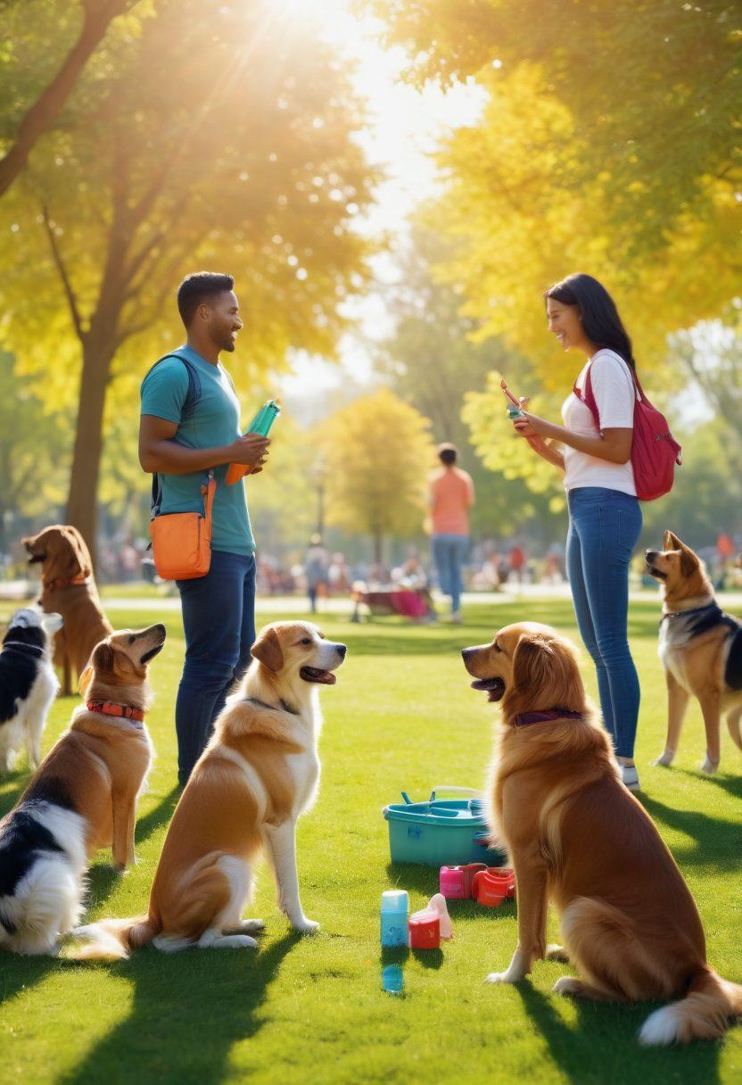 A heartwarming scene of a diverse group of dog owners in a sunny park, engaging with their healthy, happy dogs. The background features colorful dog care essentials like grooming tools, toys, and a first-aid kit, symbolizing a network of support for canine care. Capture the joy of companionship and the bond between humans and their pets. super-realistic. vibrant colors. bright park setting.