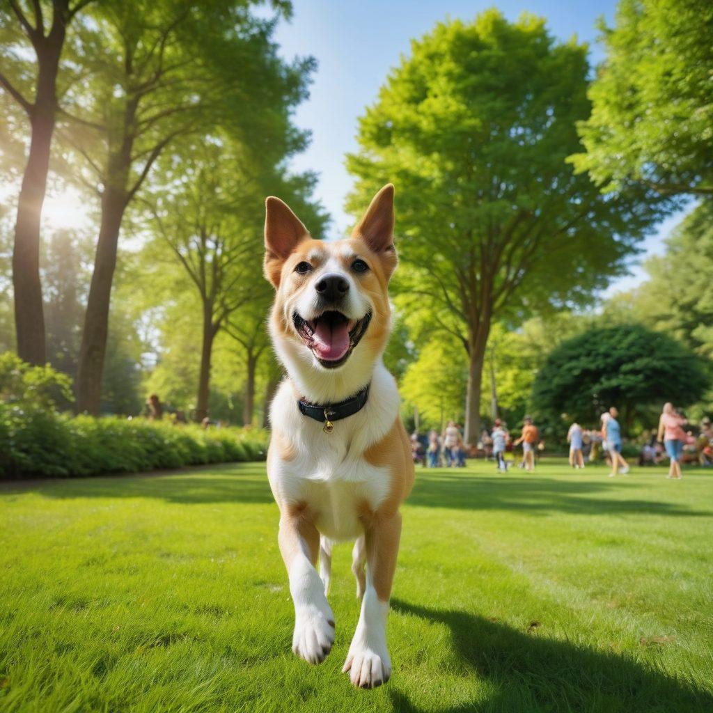 A joyful dog playing in a lush green park surrounded by happy families, showcasing a diverse pet community. Include vibrant trees, a health station with dog-friendly snacks, and engaging activities like agility courses. Emphasize a warm, inviting atmosphere with dogs of various breeds interacting playfully. super-realistic. vibrant colors. wide-angle view.